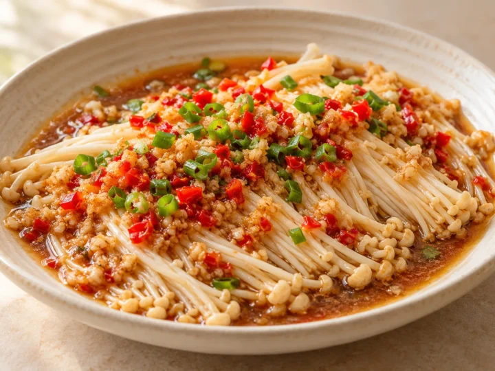 Steamed enoki with garlic served ready to eat.