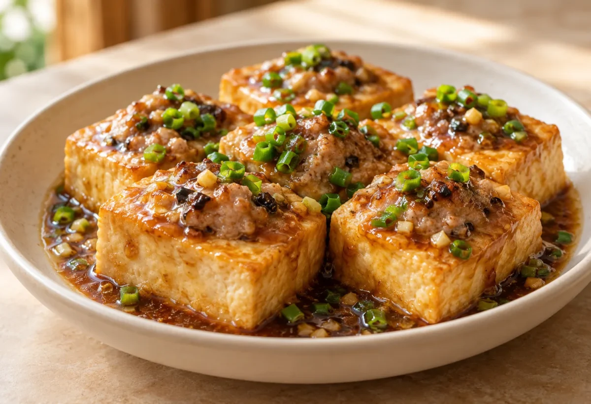 Pork-stuffed tofu served ready to eat.