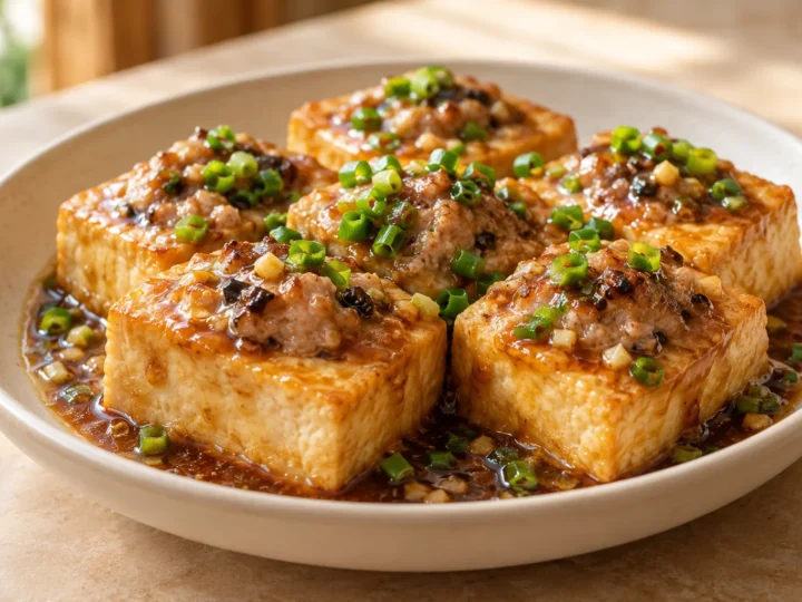 Pork-stuffed tofu served ready to eat.