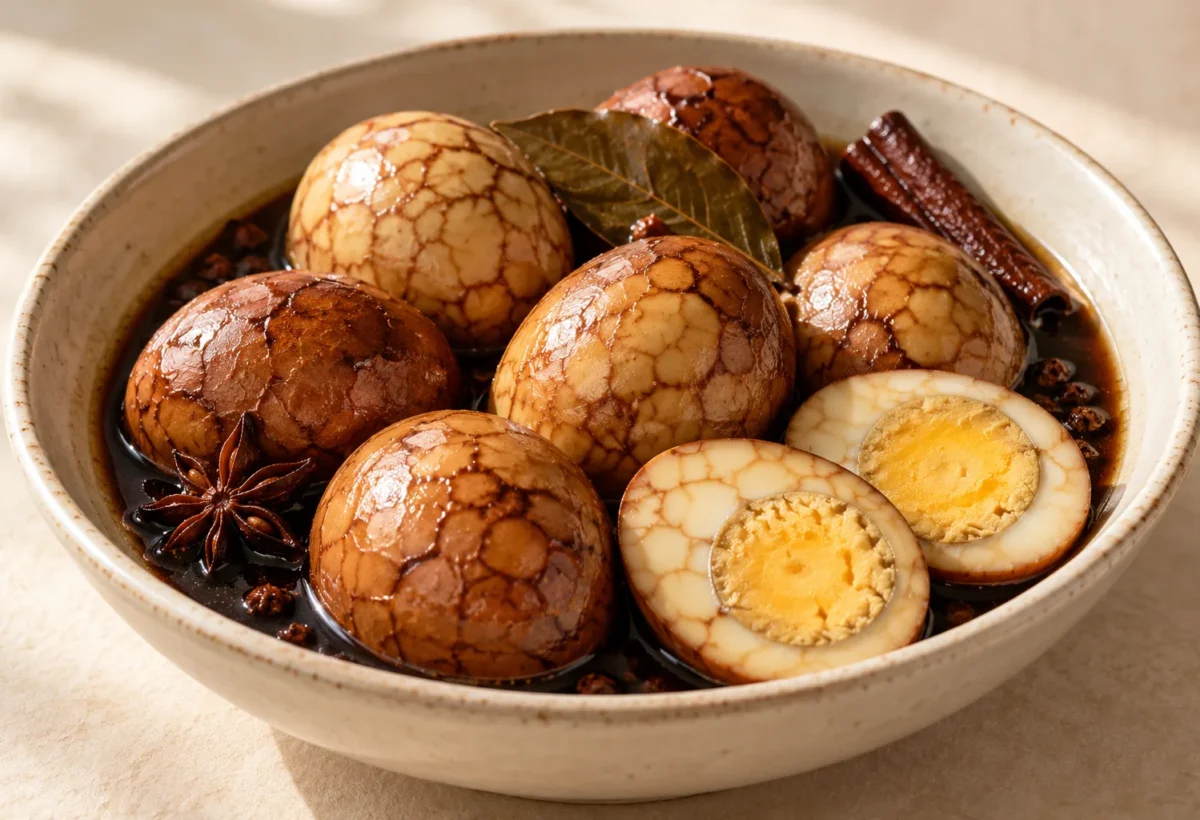 Marbled tea eggs served ready to eat.