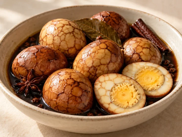 Marbled tea eggs served ready to eat.