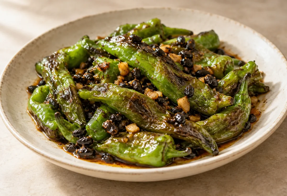 Blistered tiger-skin peppers served ready to eat.