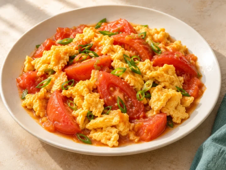 Tomato and egg stir-fry served ready to eat.