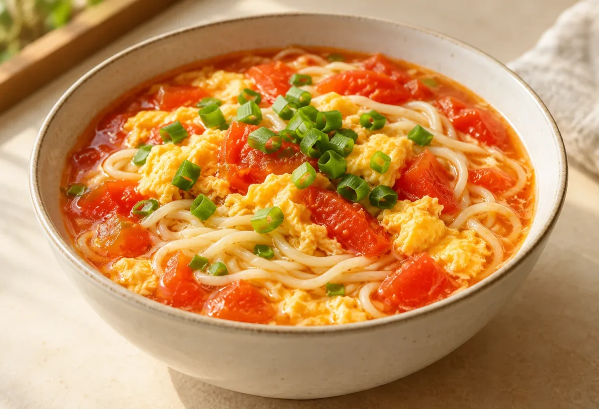Tomato and egg noodle soup served ready to eat.