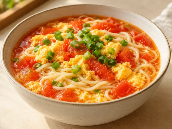 Tomato and egg noodle soup served ready to eat.