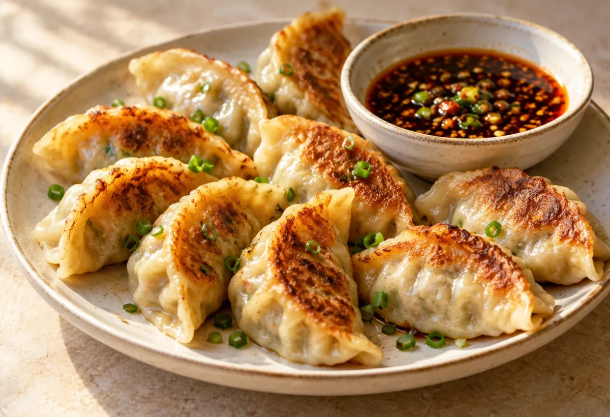 Vegetable and tofu dumplings served ready to eat.