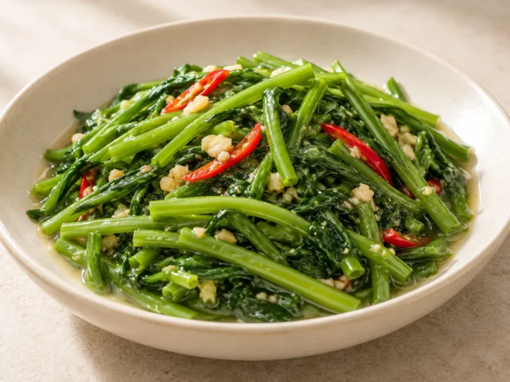 Garlicky water spinach served ready to eat.
