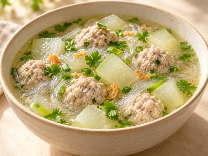 Winter melon and pork meatball soup served ready to eat.