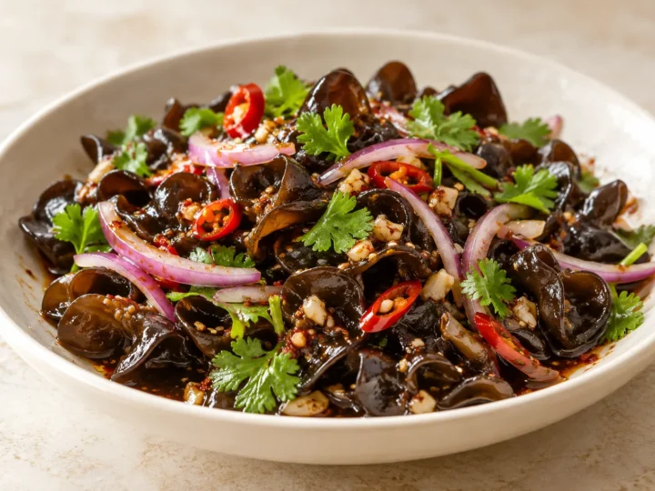 Crunchy wood-ear mushroom salad served ready to eat.