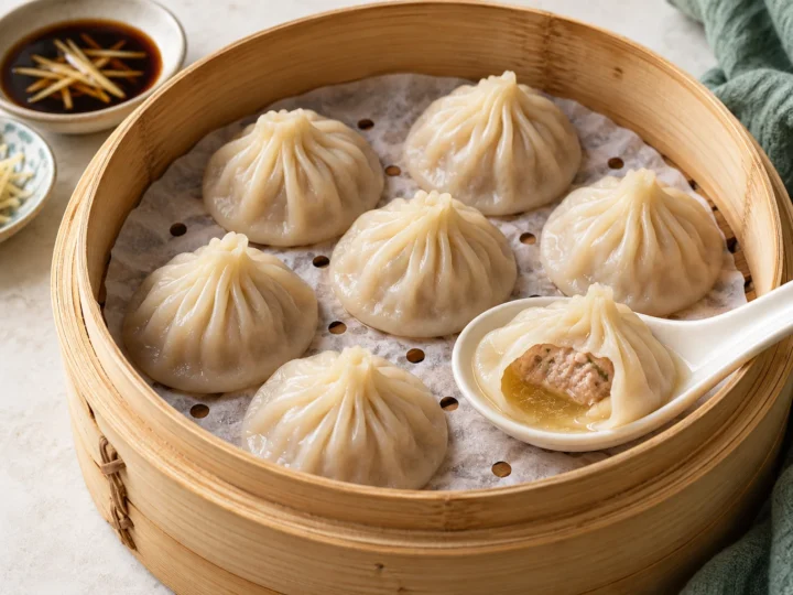Xiaolongbao soup dumplings served ready to eat.