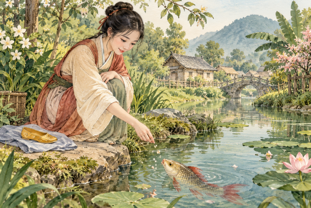 Storybook illustration of Ye Xian feeding a red-finned fish beside a pond, with a golden shoe nearby.
