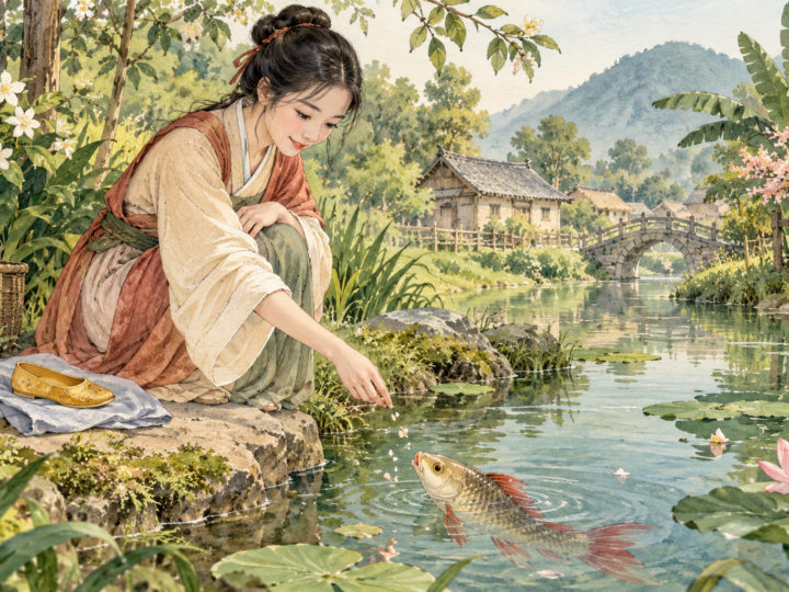 Storybook illustration of Ye Xian feeding a red-finned fish beside a pond, with a golden shoe nearby.